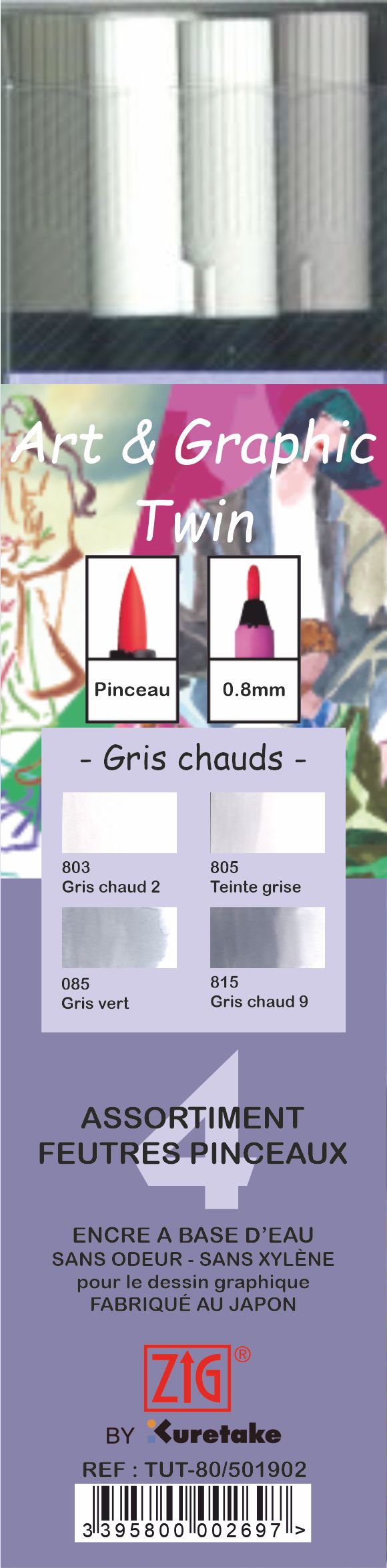 Etui 4 feutres pinceaux gris chauds double pointe Art & Graphic