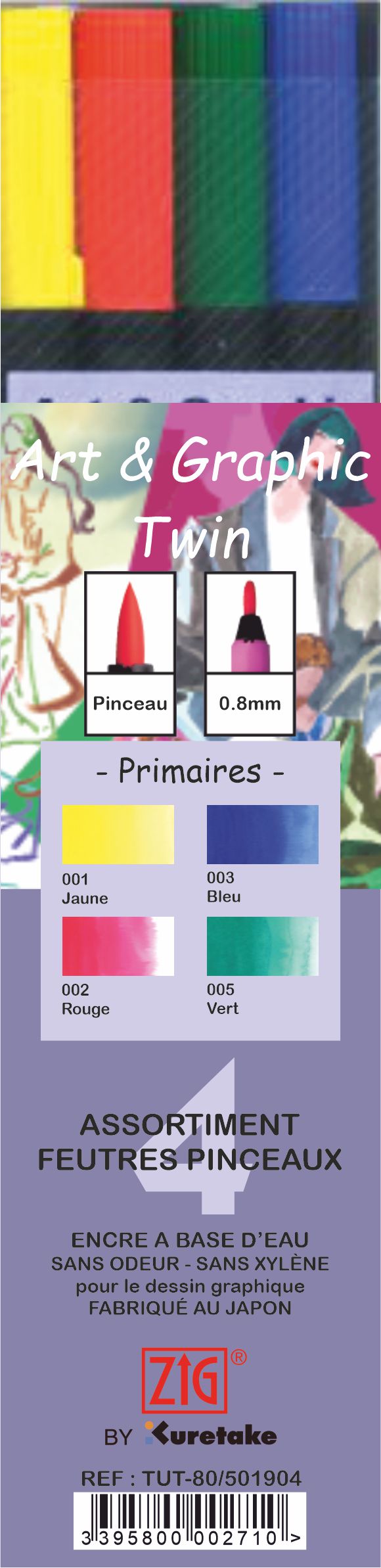 Etui 4 feutres pinceaux primaires double pointe Art & Graphic