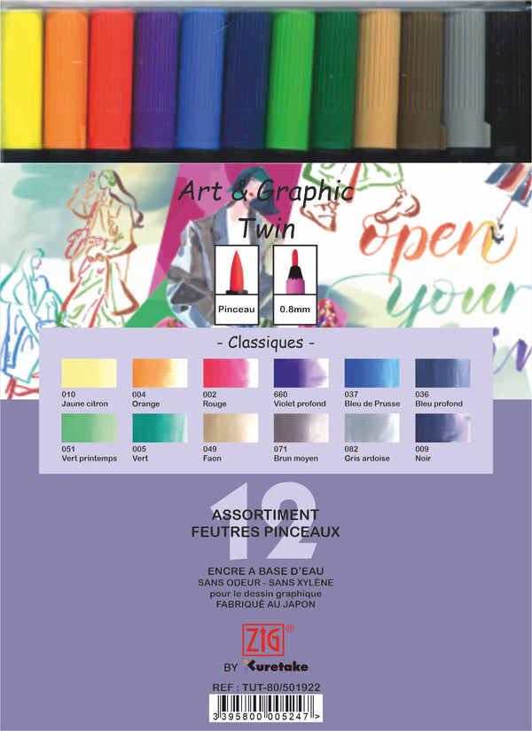 Etui 12 feutres pinceaux Tons classiques double pointe Art & Graphic