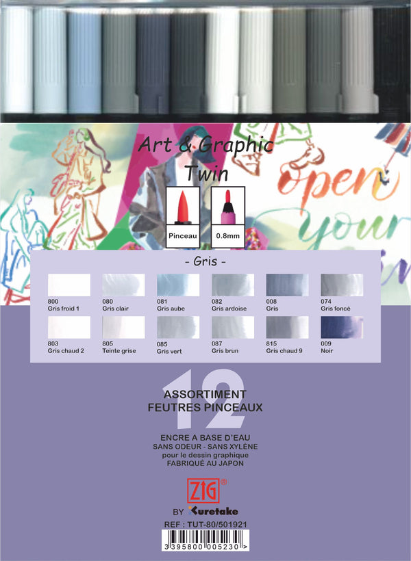 Etui 12 feutres pinceaux Tons Gris double pointe Art & Graphic