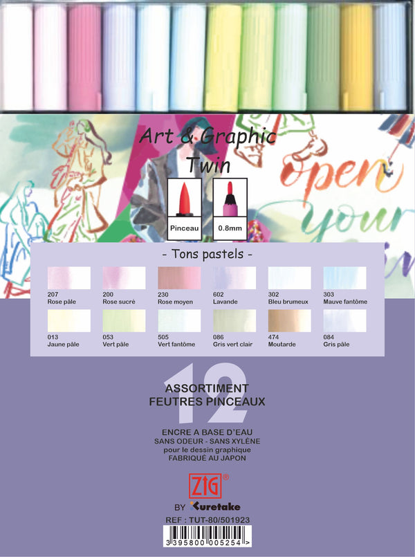 Etui 12 feutres pinceaux Tons pastels double pointe Art & Graphic