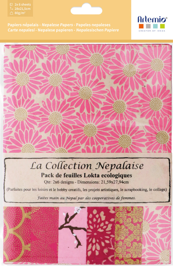 Pochette de 12  feuilles Papier Washi Népalais 80gr/m²- 21,59 x 27,94 cm - 2 x 6 différents Design