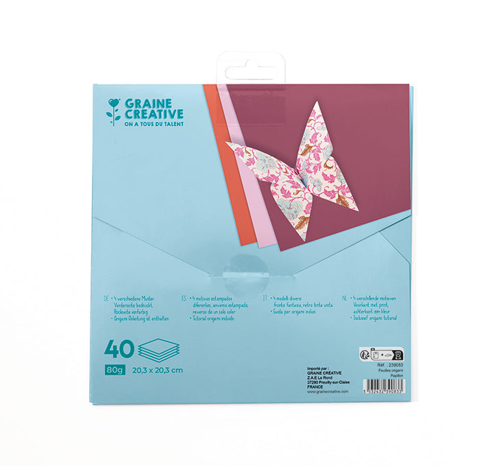 Pochette 40 feuilles ORIGAMI 20,3x20,3 cm - 4 Designs couleurs pastels PAPILLON