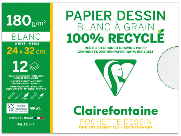 Pochette 12 feuilles papier dessin recyclé à grain 24 x 32 cm - 180 gr/m²