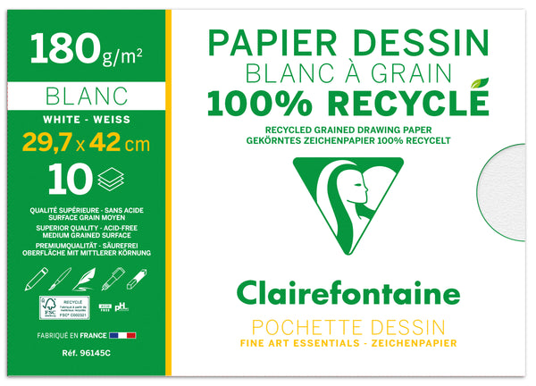 Pochette 10 feuilles papier dessin recyclé à grain A3 - 180 gr/m²