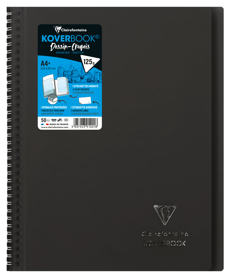 Carnet dessin/croquis KOVERBOOK reliure intégrale enveloppante A4+/100 pages papier blanc 125gr couverture polypropylène