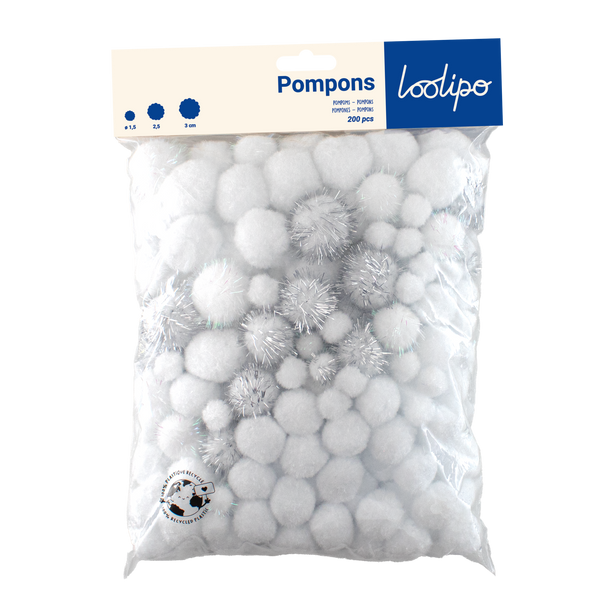 Lot de 200 pompons blancs - 3 tailles différentes - 2 coloris