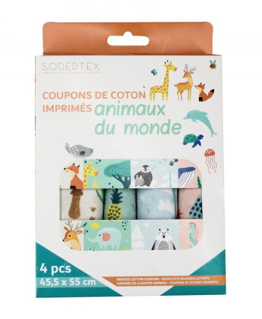 Lot de 4 coupons de tissus imprimés thème Animaux du monde