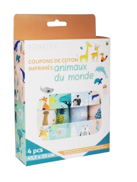 Lot de 4 coupons de tissus imprimés thème Animaux du monde