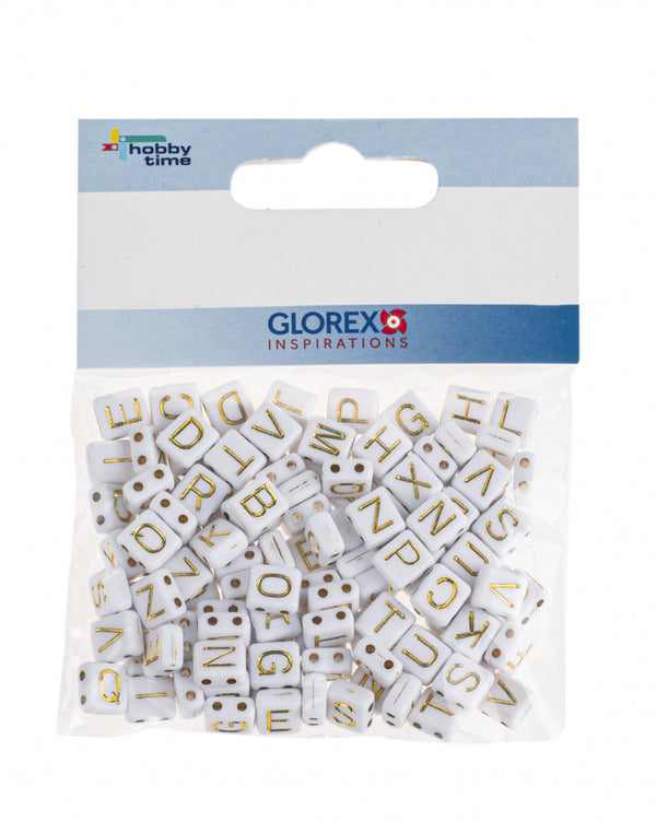 Perles cubes en plastique avec trou alphabet blanc/or