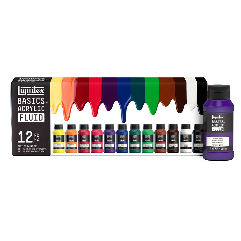 Set de 12 couleurs de 118ml de peinture acrylique fine Basics Fluid LIQUITEX