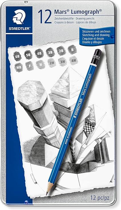 STAEDTLER - Crayons graphite - Mars Lumograph 100 - Boîte métal 12 crayons graphite assortis (6B, 5B, 4B, 3B, 2B, B, HB, F, H, 2H, 3H, 4H) - 100 G12