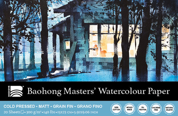 Bloc de papier aquarelle Baohong qualité professionnelle - Masters'Choice  150x230 20 feuilles 300g grain fin