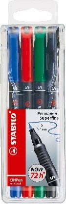 Pochette de 4 Marqueurs OHPEN permanent noir/bleu/rouge/vert  0.4mm, 0.7mm et 1mm