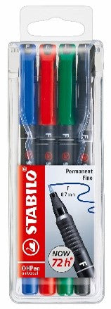 Pochette de 4 Marqueurs OHPEN permanent noir/bleu/rouge/vert  0.4mm, 0.7mm et 1mm