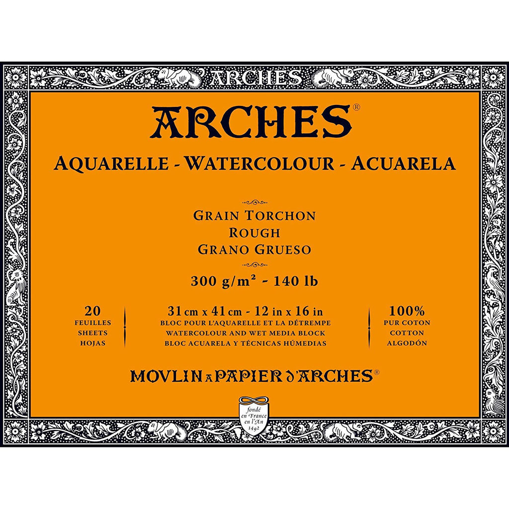 ARCHES Aquarelle Bloc collé 4 cotés Grain Fin Blanc 20 Feuilles 300g  20x20cm - Papeterie Michel