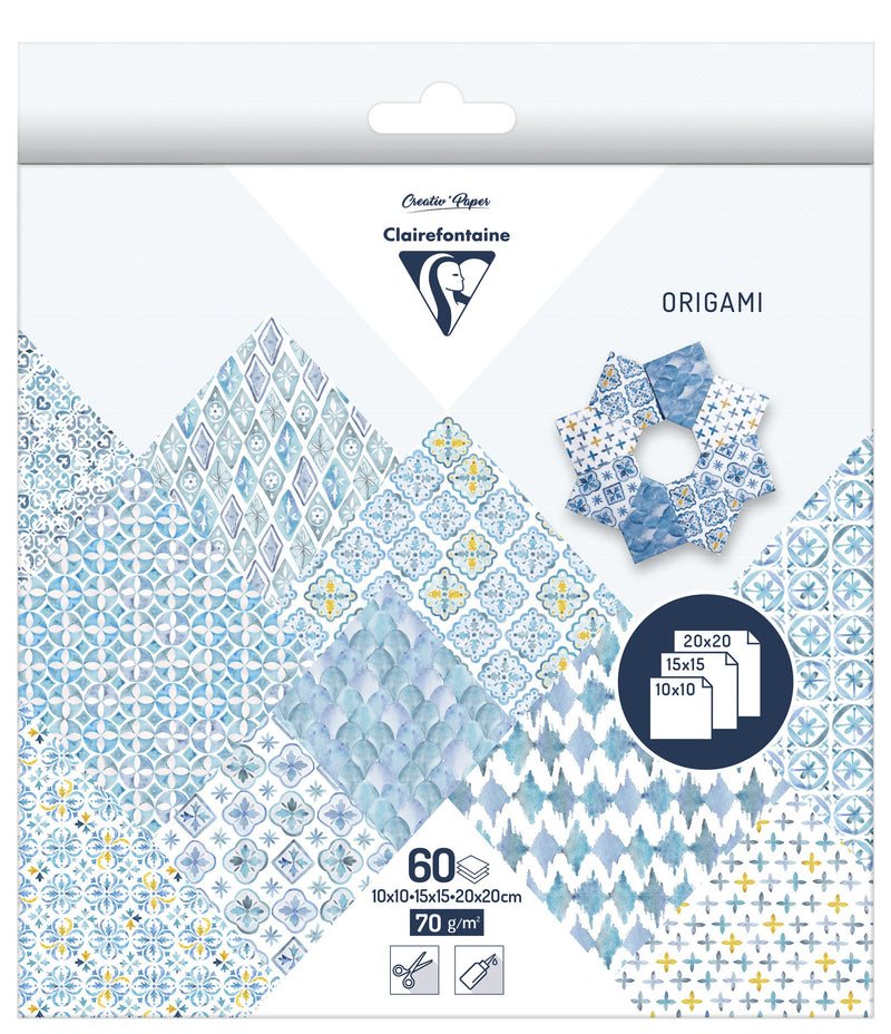 Pochettes papiers origami 3 formats 60 feuilles Collection Bleu Orient
