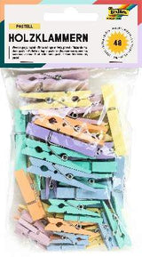 Sachet de 48 pinces à linge en bois nature/blanc/pastel