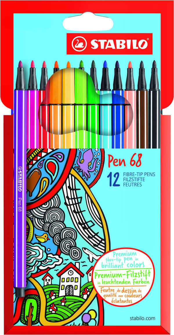 Pochette de 12 feutres de dessin pointe moyenne STABILO Pen 68