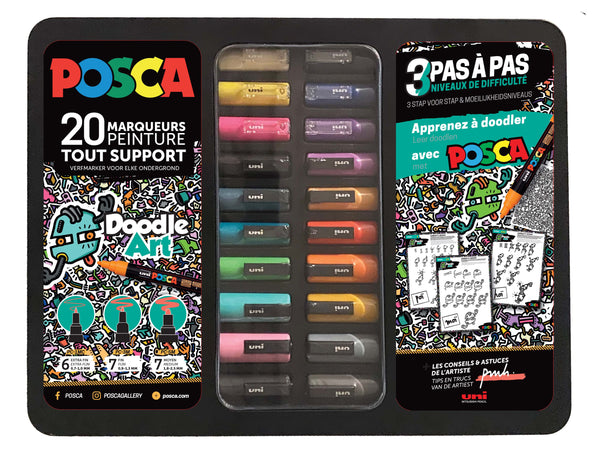Mallette métal noire de 20 marqueurs Posca Doodle Art