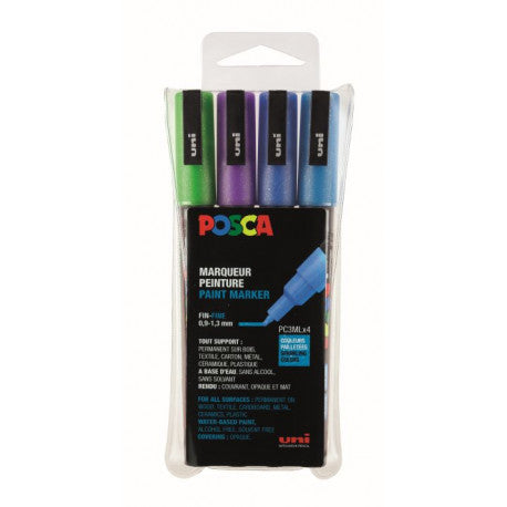 Posca pointe conique fine boite de 4 PC-3ML assortis couleurs froides pailletées