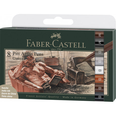 Feutre Pitt Artist Pen-Boîte de 8-Couleurs classiques (6 pointes pinceaux et 2 pointes fines) - Faber-Castell