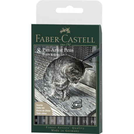 Feutre Pitt Artist Pen-Boîte de 8-Couleurs-noir et gris (6 pointes pinceaux et 2 pointes fines) - Faber-Castell