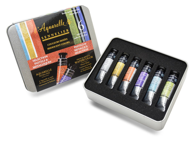 Boîte métal 6 couleurs irisées pastels et métalliques Aquarelle Extra-fine Sennelier -10 ml
