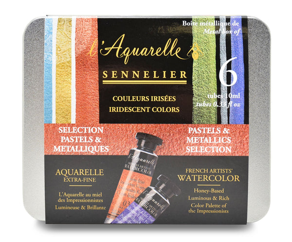 Boîte métal 6 couleurs irisées pastels et métalliques Aquarelle Extra-fine Sennelier -10 ml