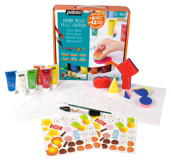 Mini Coffret Atelier Primacolor "Graphic Puzzle" 6 x 20 ml couleurs assorties et accessoires