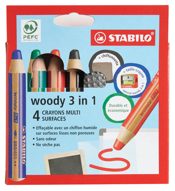 Pochette de 4 crayons multi-surfaces STABILO WOODY 3 en 1 + Taille-crayon + Chiffonnette