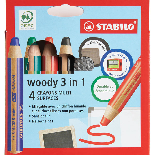 Pochette de 4 crayons multi-surfaces STABILO WOODY 3 en 1 + Taille-cra