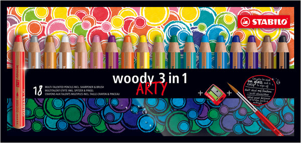 STABILO Woody 3 en 1-Etui 18 crayons assortis+ pinceau + taille-crayon ARTY