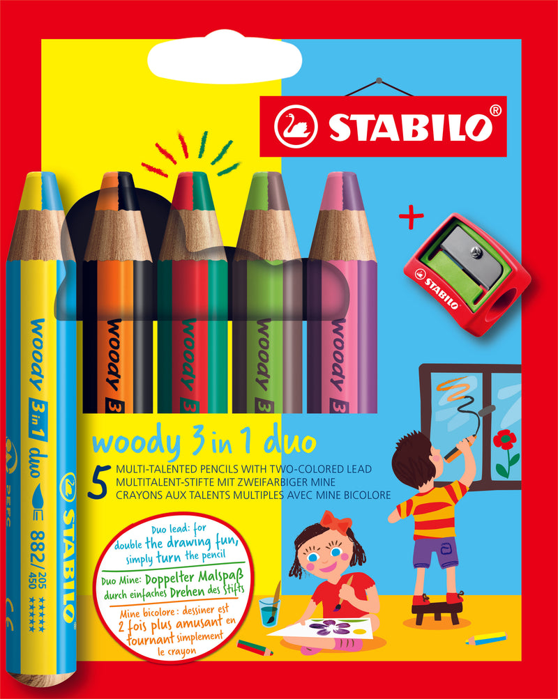STABILO Woody 3 en 1-Etui 5 crayons assortis avec mine bicolore