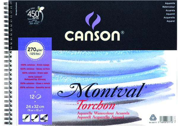 CANSON Album spiralé 12 feuilles papier aquarelle MONTVAL, A4, 300G, grain  fin Blanc naturel