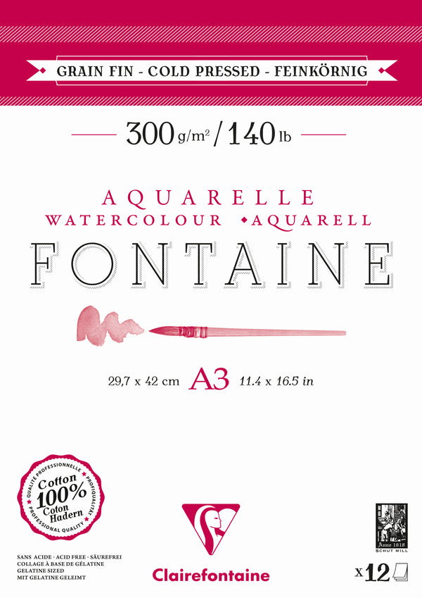 Papier aquarelle Fontaine Clairefontaine (Grain satiné - 300g/m²), A4 - 21  x 29,7 cm - 300 g/m² - 12 feuilles, Grain satiné, Bloc collé 1 côté Bloc