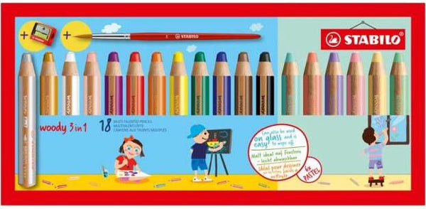 Pochette de 18 crayons multi-surfaces STABILO WOODY 3 en 1 + Taille-crayon + Pinceau rond